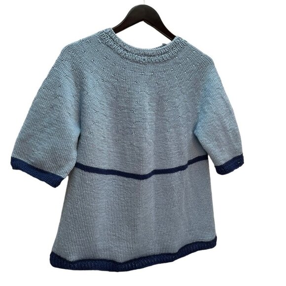 𝅺handmade Hand Knit Blue Short Sleeve Round Neck Sweater Size L/XL - Picture 5 of 9
